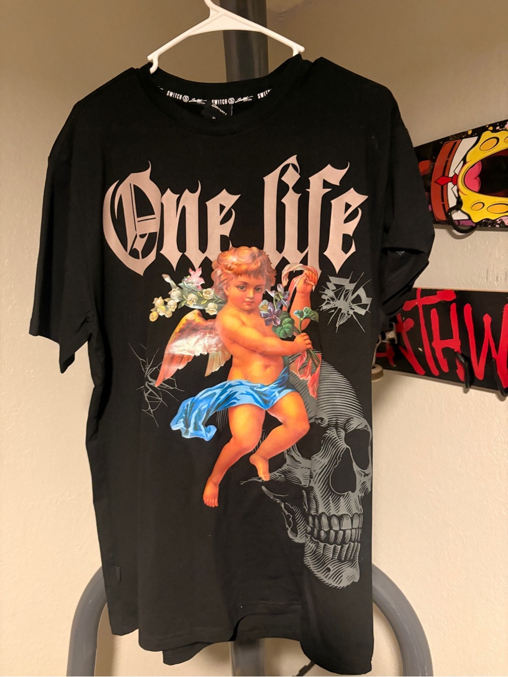 One Life Black Graphic Cherub Tee